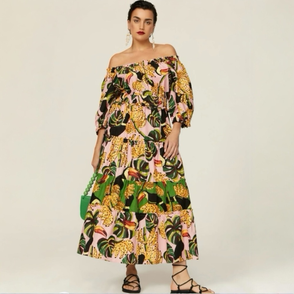 FARM Rio Toucananas Tiered Small Cotton Tropical Print Off-Shoulder Maxi Small